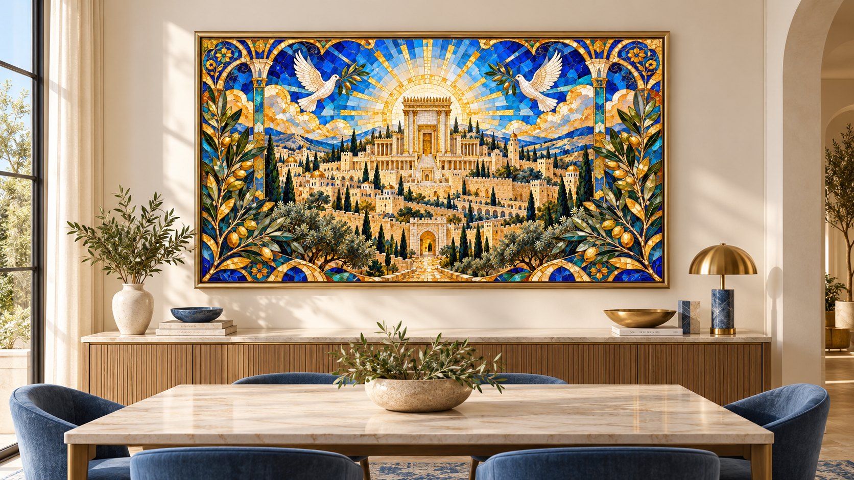 תמונת קיר פסיפס ירושלים · יונים וזיתים, ברכות/רבנים